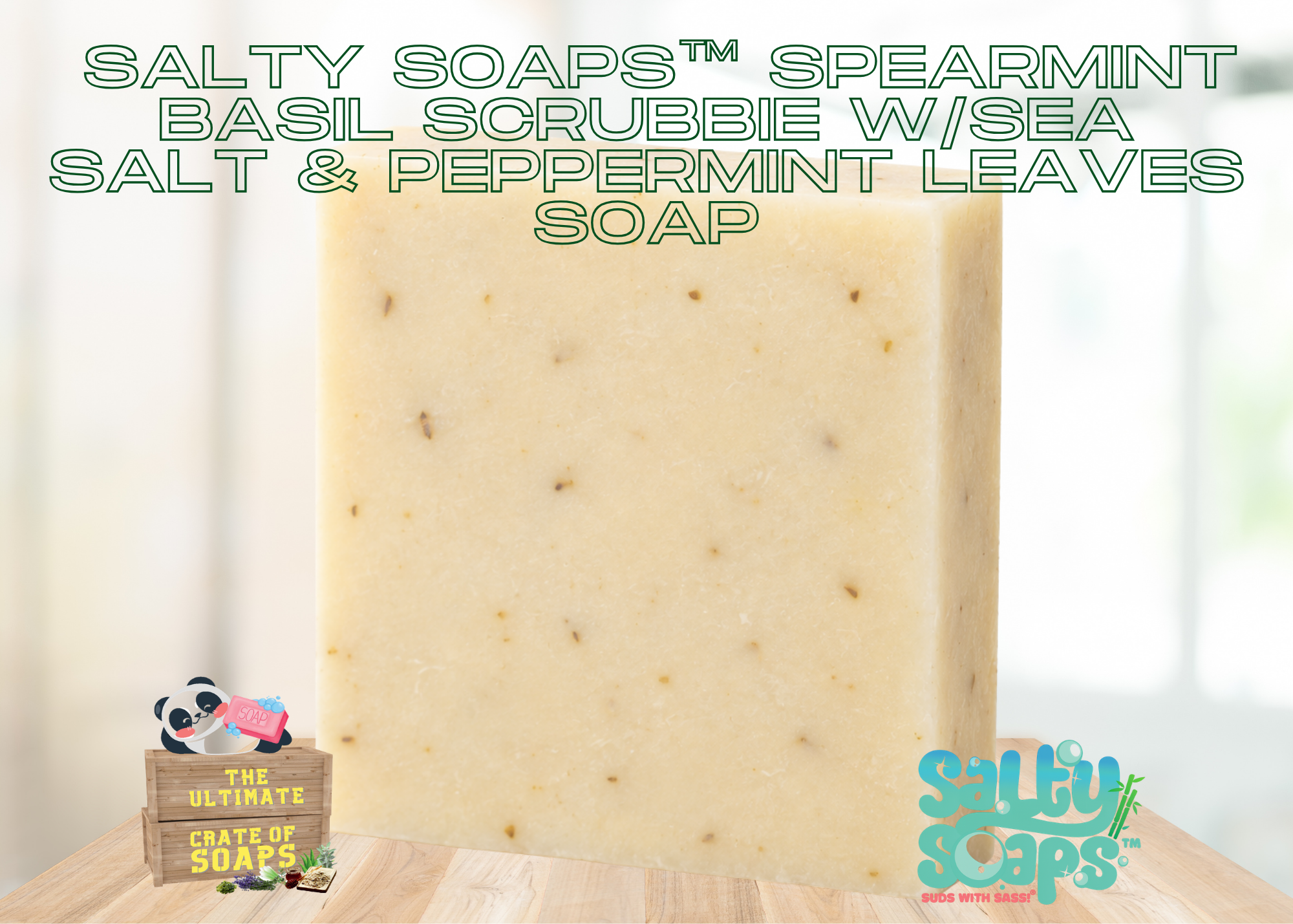 Spearmint & Basil Scrubbie w/Sea Salt & Mint Leaves 5oz Salty Soaps™ - Image 2