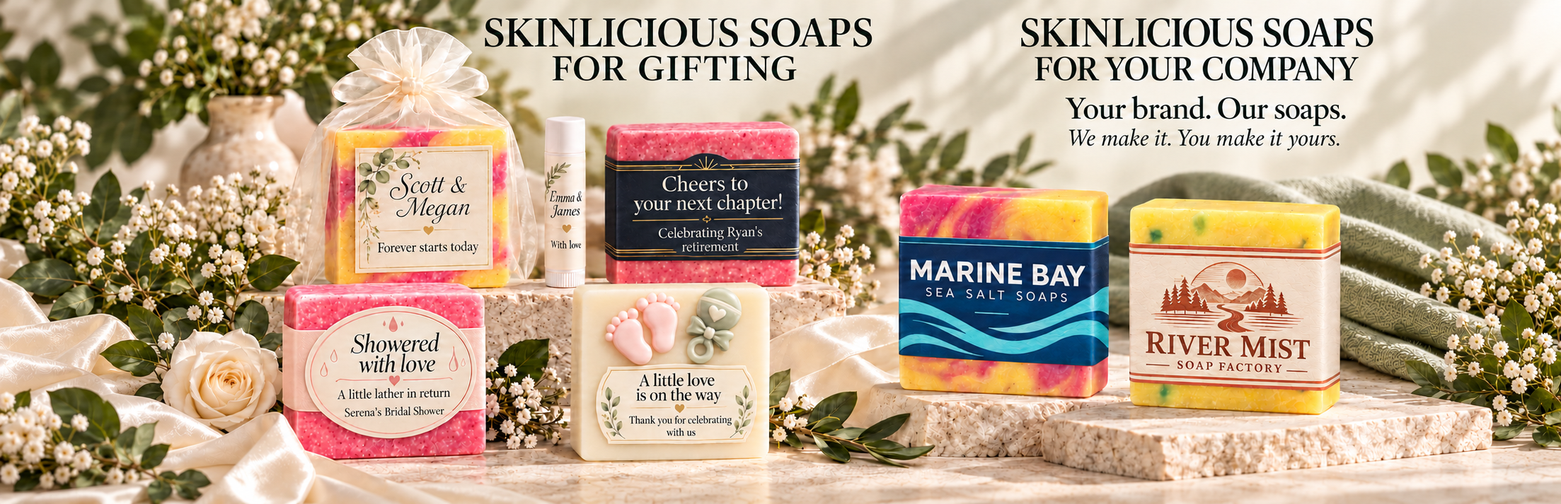 Skinlicious Soaps for gifting and for your company. Personalised wedding, retirement, bridal shower and baby shower favours beside Marine Bay and River Mist private-label soaps. Your brand. Our soaps. We make it. You make it yours.