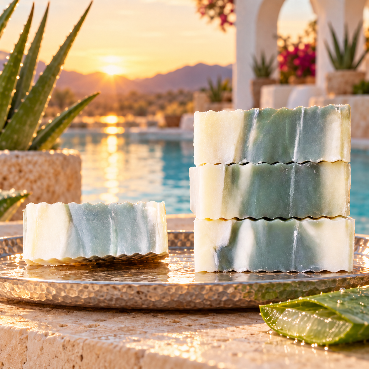 Fresh Aloe handmade soaps beside a sunlit pool