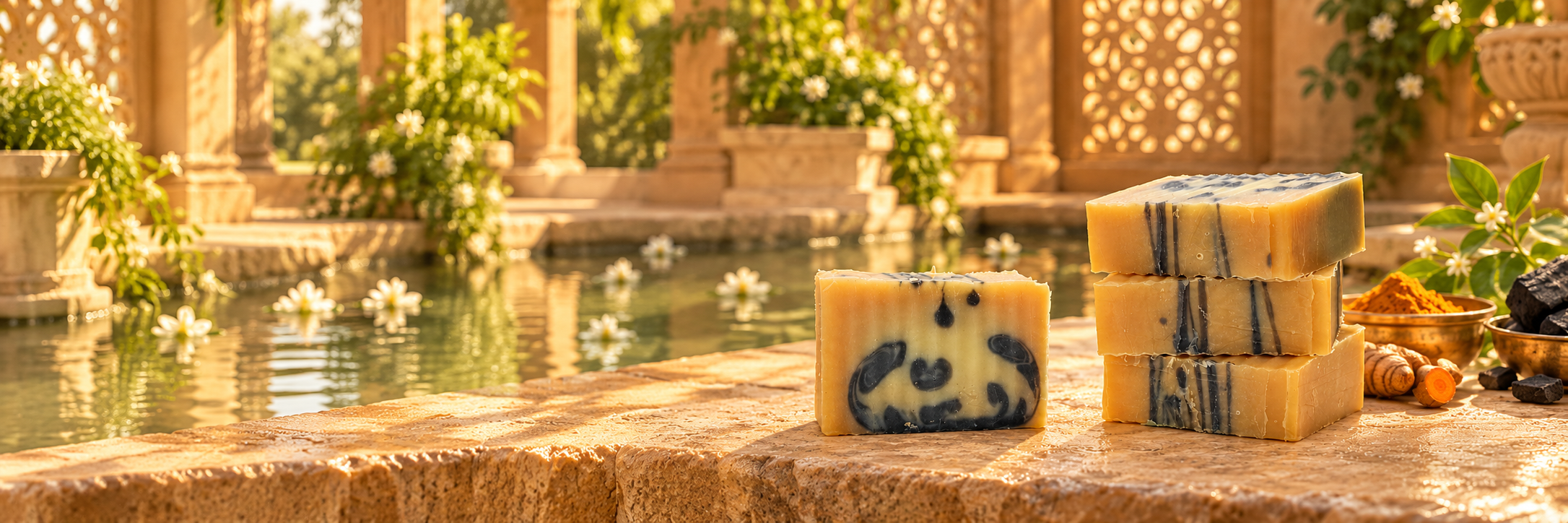 Turmeric, Charcoal and Honey soaps in a golden sunlit courtyard