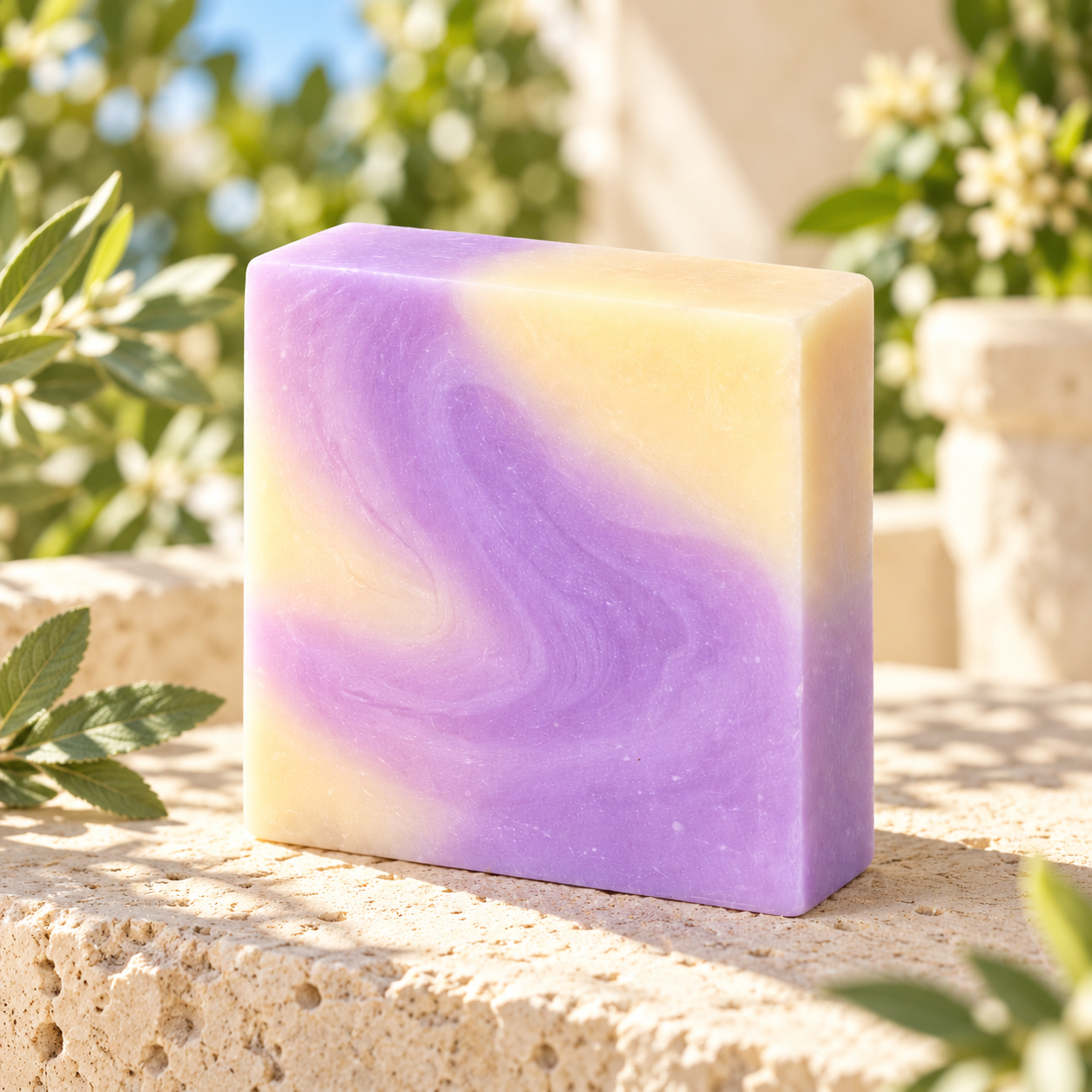 Unlabelled purple and cream 5oz Salty Soaps bar in botanical sunlight
