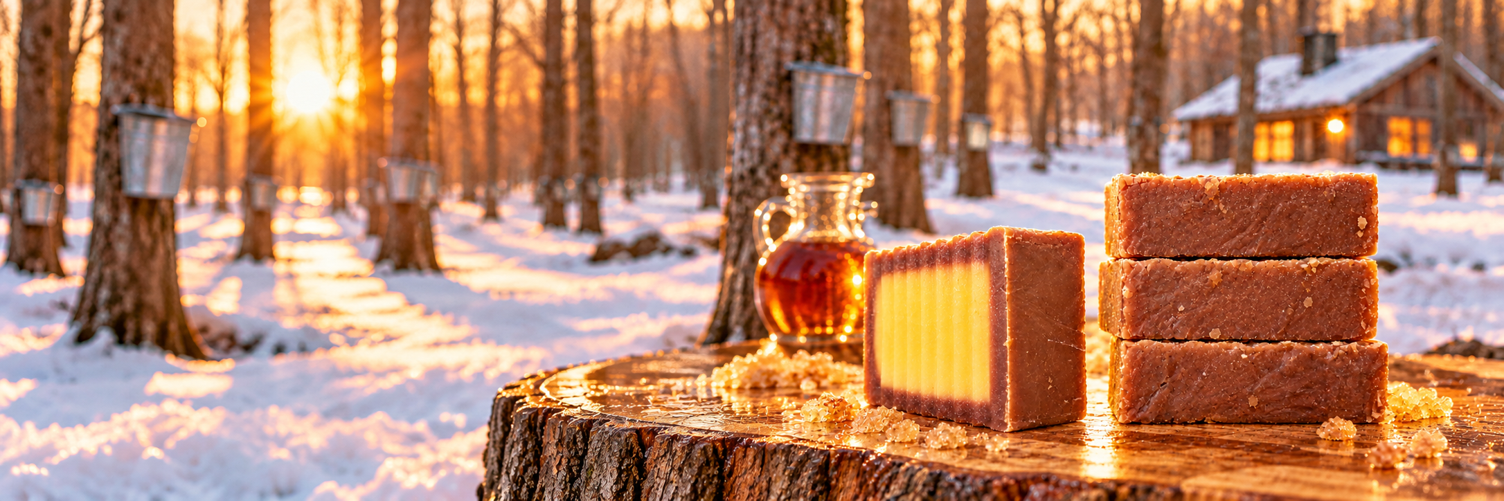 Maple Sugar soaps beside a snowy Canadian sugar shack