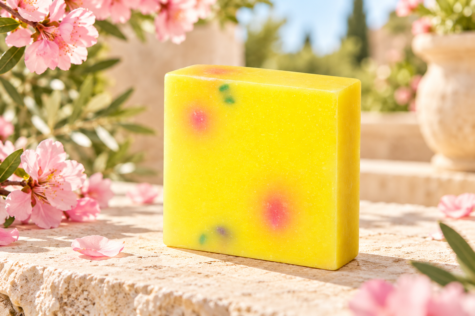 Upright yellow Celebration 5oz Salty Soaps bar with spring blossoms