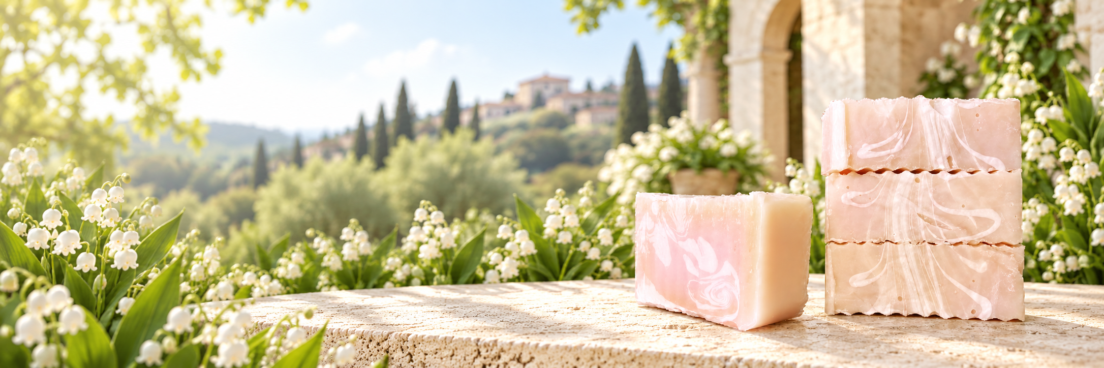 Lily of the Valley soaps in a sunlit flower garden