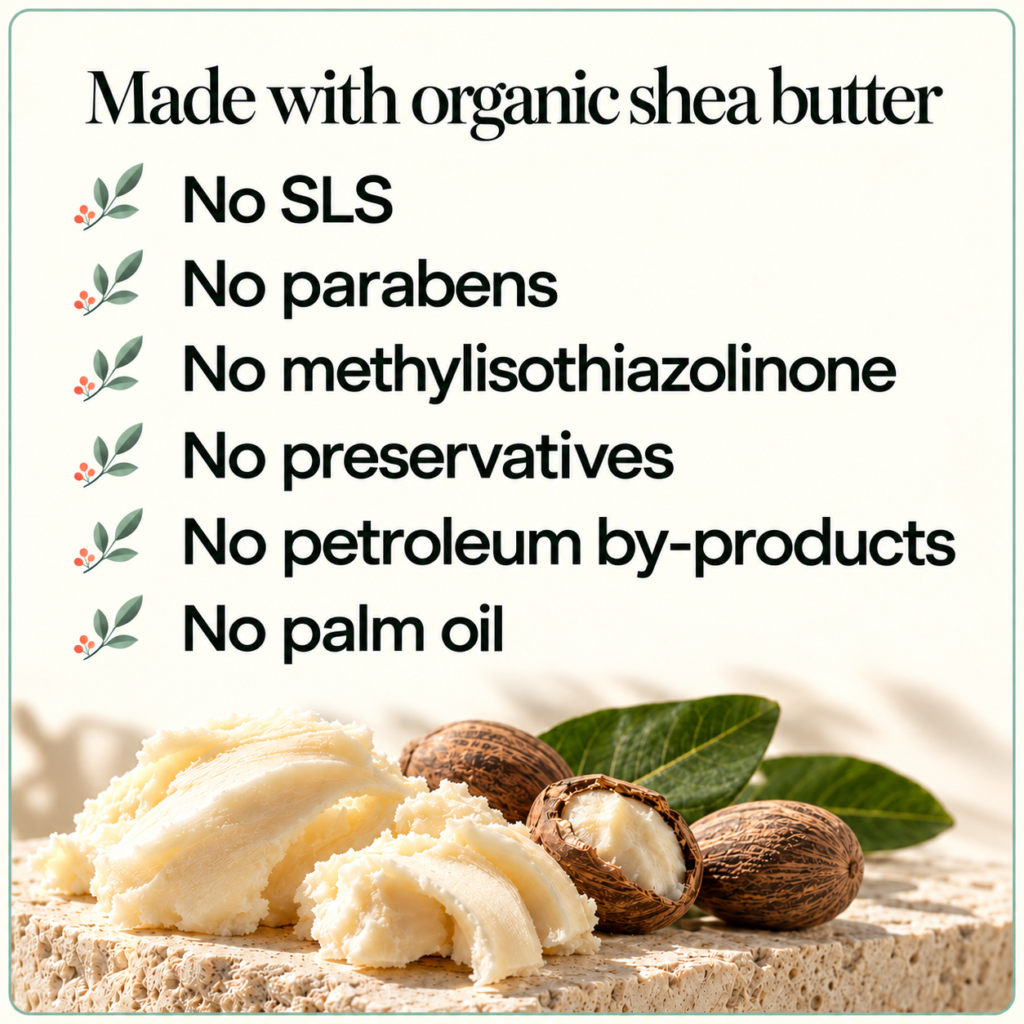 Made with organic shea butter. No SLS, parabens, methylisothiazolinone, preservatives, petroleum by-products or palm oil.