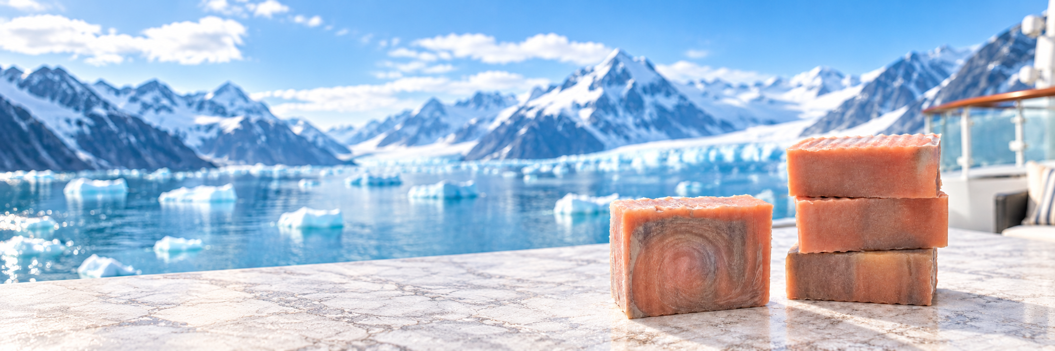 Handmade Bahama Melon soap beside a sparkling mountain lake