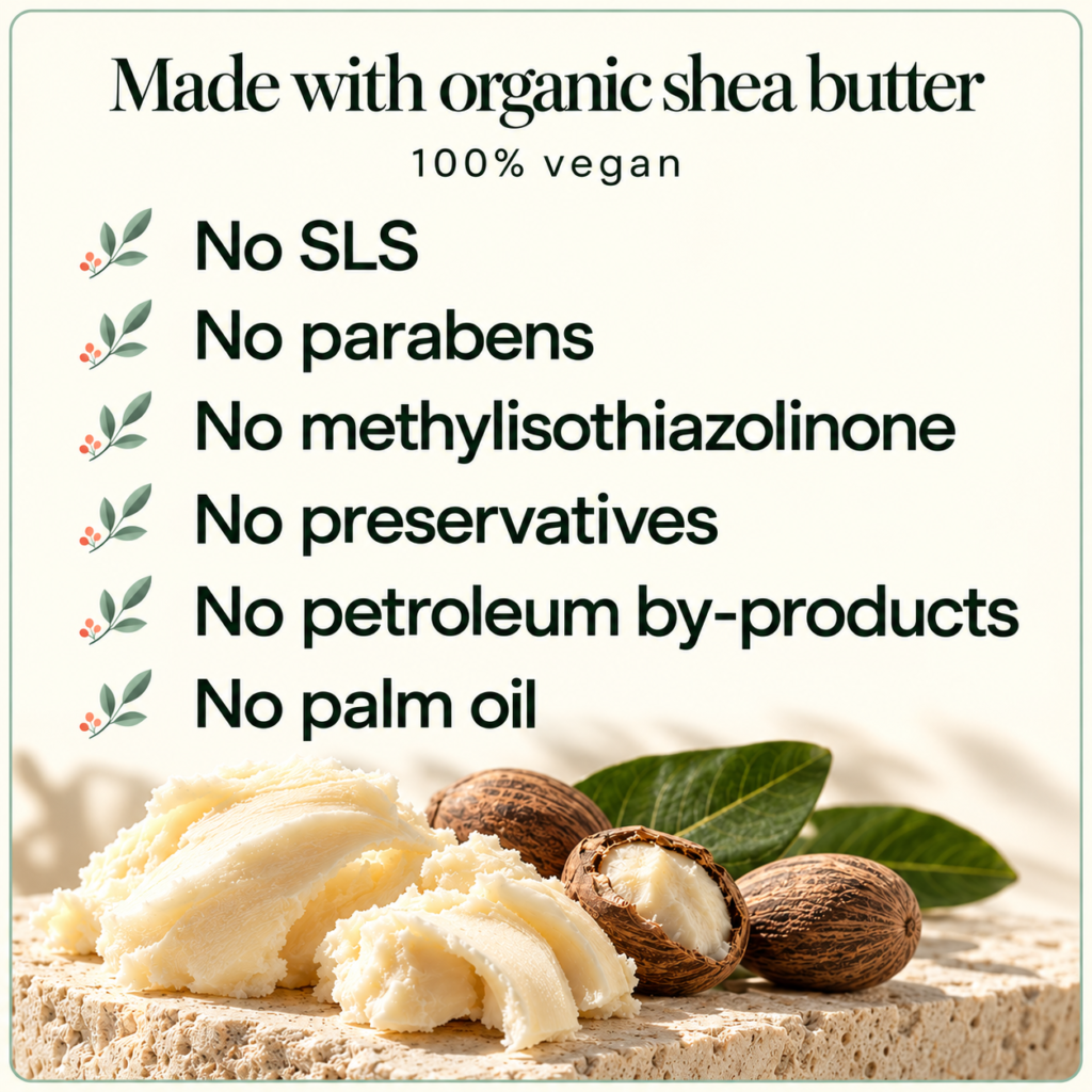 Made with organic shea butter. 100% vegan. No SLS, parabens, methylisothiazolinone, preservatives, petroleum by-products or palm oil.