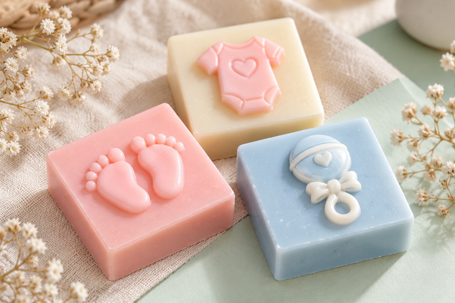 Concept square melt-and-pour soap bars topped with baby feet, a rattle and a onesie