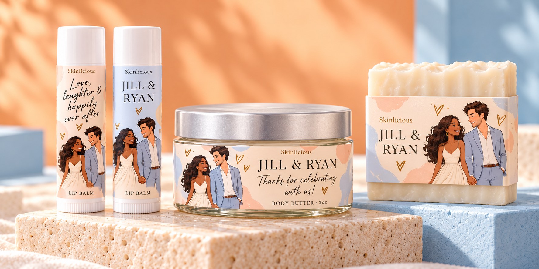 Jill and Ryan illustrated as an interracial couple holding hands on coordinated soap, lip balm and body butter labels against an apricot and blue background