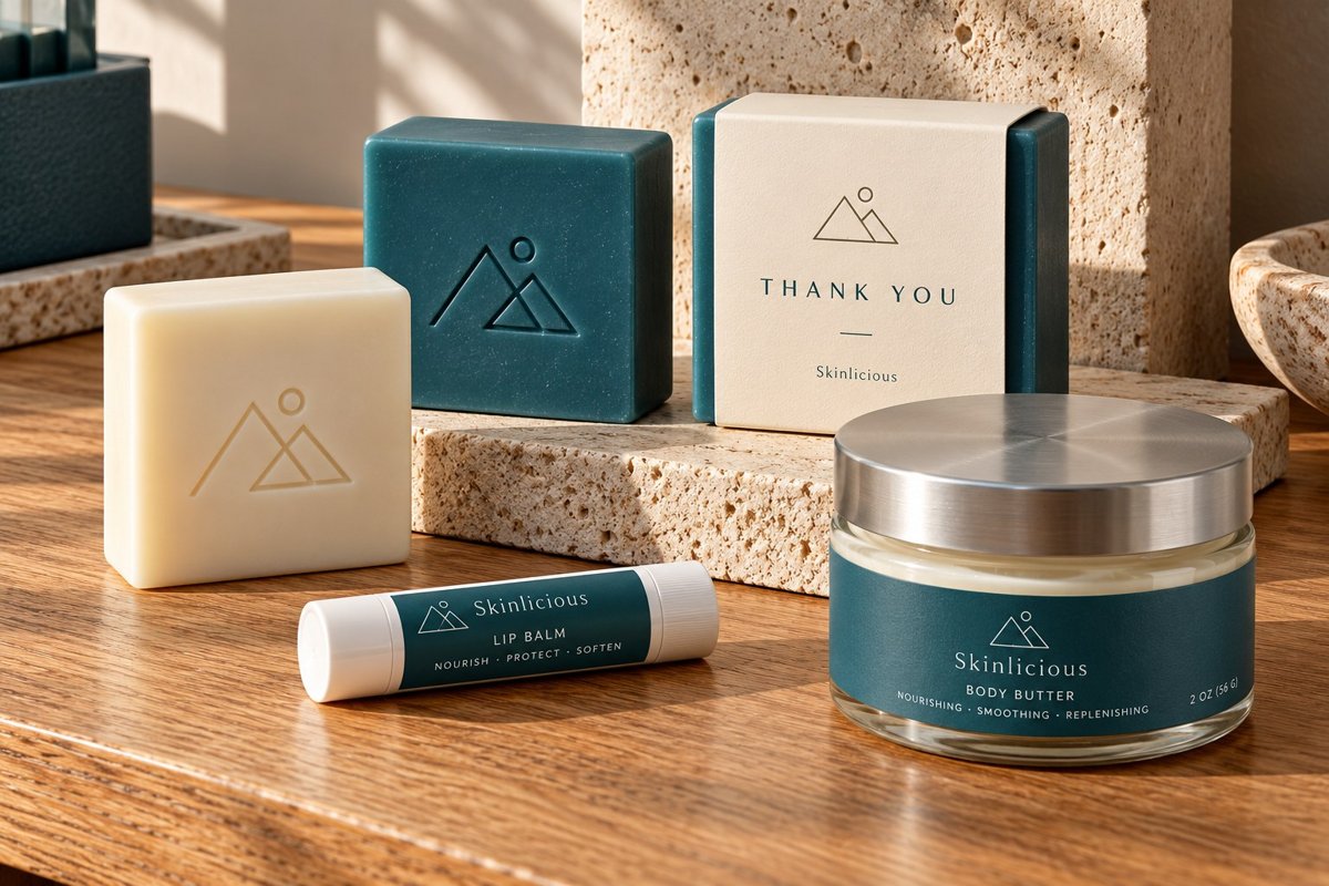 Illustrative teal and ivory corporate soap and gift packaging with a sample geometric stamp